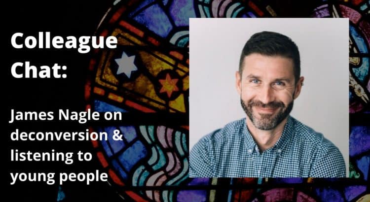 "Colleague Chat" banner with james Nagle headshot over stained glass window background